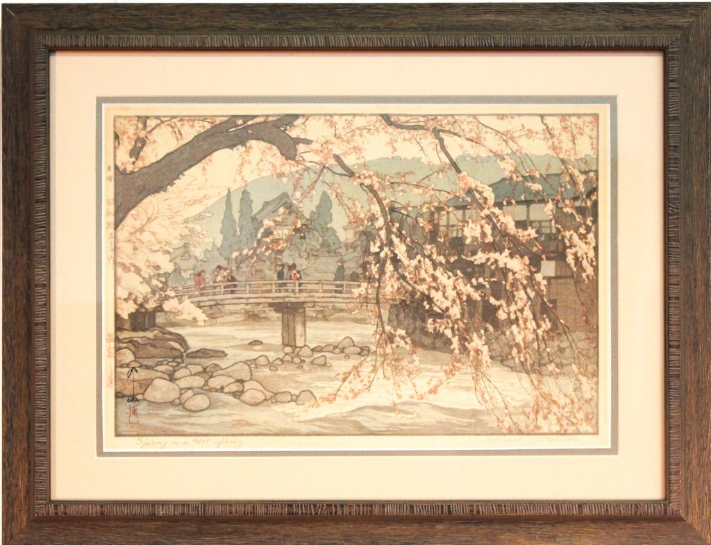 Hiroshi Yoshida: Japan/Massachusetts (1876-1950) woodblock titled Spring in A Hot Spring", signed lower right. sight size: H10 1/2" W15 1/2""