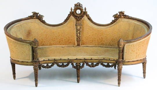 Fine Louis IV settee, school of George Jacob: mid-19th century. having clock at mid-section signed Rubin". H33 3/4" W66 3/4" D28 1/2""