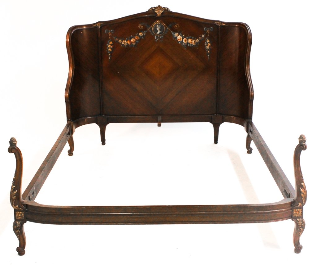 Louis XV style carved and painted kingwood bed: circa 1890. H48 W60 1/4" L77""
