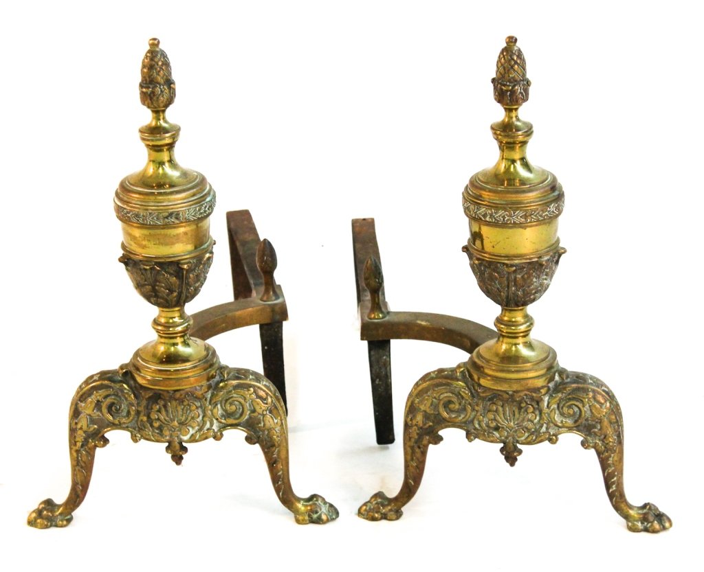 English brass Adam style andirons: 19th century. H17 1/4 D16 1/2" W11""