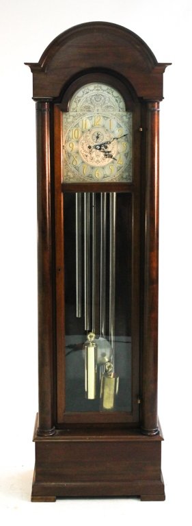Herschede mahogany hall clock, Cincinnati, OH: circa 1920. Classical style case with weight driven eight-day movement striking on five tubular chimes. H83 W24 1/4" D14 1/2""