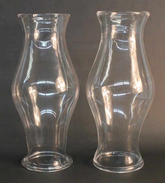 Pair hand-blown glass hurricane shades: American or English, 19th century. H17 1/2 W9" Estate of Judge Lester Bates, Columbia, SC."