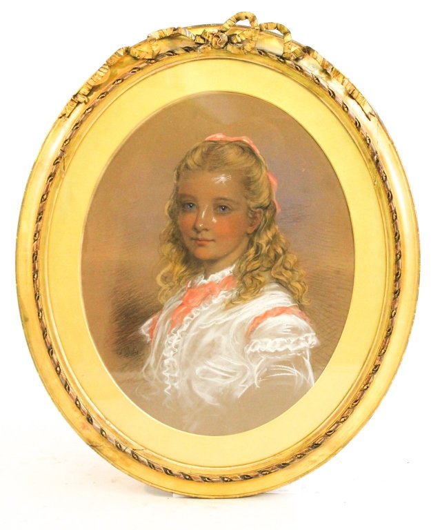 Continental School: 19th century. pastel on paper, portrait of a young girl. signed illegibly and dated 1875. H22 1/4 W17 3/4""