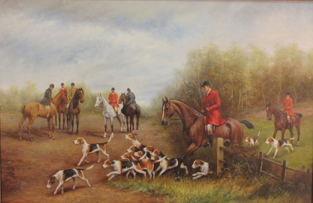 British School: 20th century. oil on canvas, hunt scene. H23 1/2 W35 1/2""
