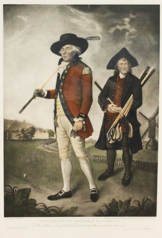 Pair engravings after JF Abbott: golf related subjects. sight size: H27 1/8 W19" Estate of Judge Lester Bates, Columbia, SC."