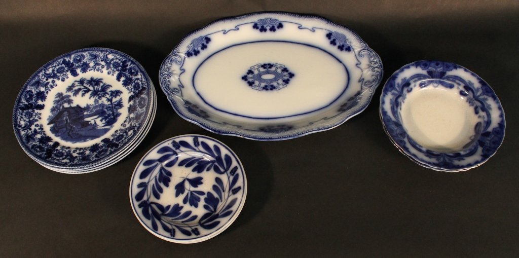 English Flow Blue Ironstone plates and platter: circa 1900. largest: L16 1/4 W11 5/8""