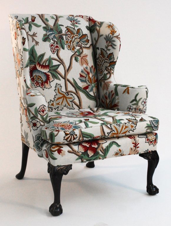 Kittinger Chippendale style upholstered wing chair: for Colonial Williamsburg. H44 W33" D28" Estate of Judge Lester Bates, Columbia, SC."
