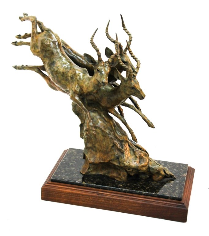 Sherry Salari Sander: (Montana, born1941) bronze, "Impala at Gallop". H19" W23" D13"