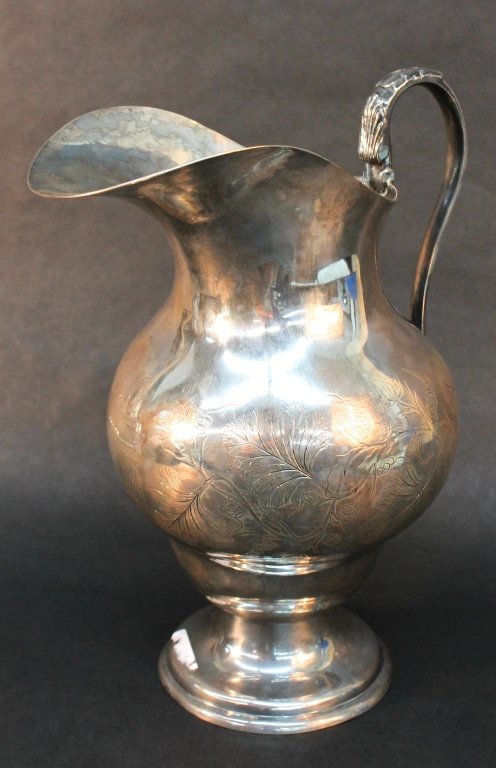 French silver pitcher: early to mid 19th century. stamped BTON along with two small hallmarks, hand forged construction. H11 7/8" W8 1/2" 61.5 oz