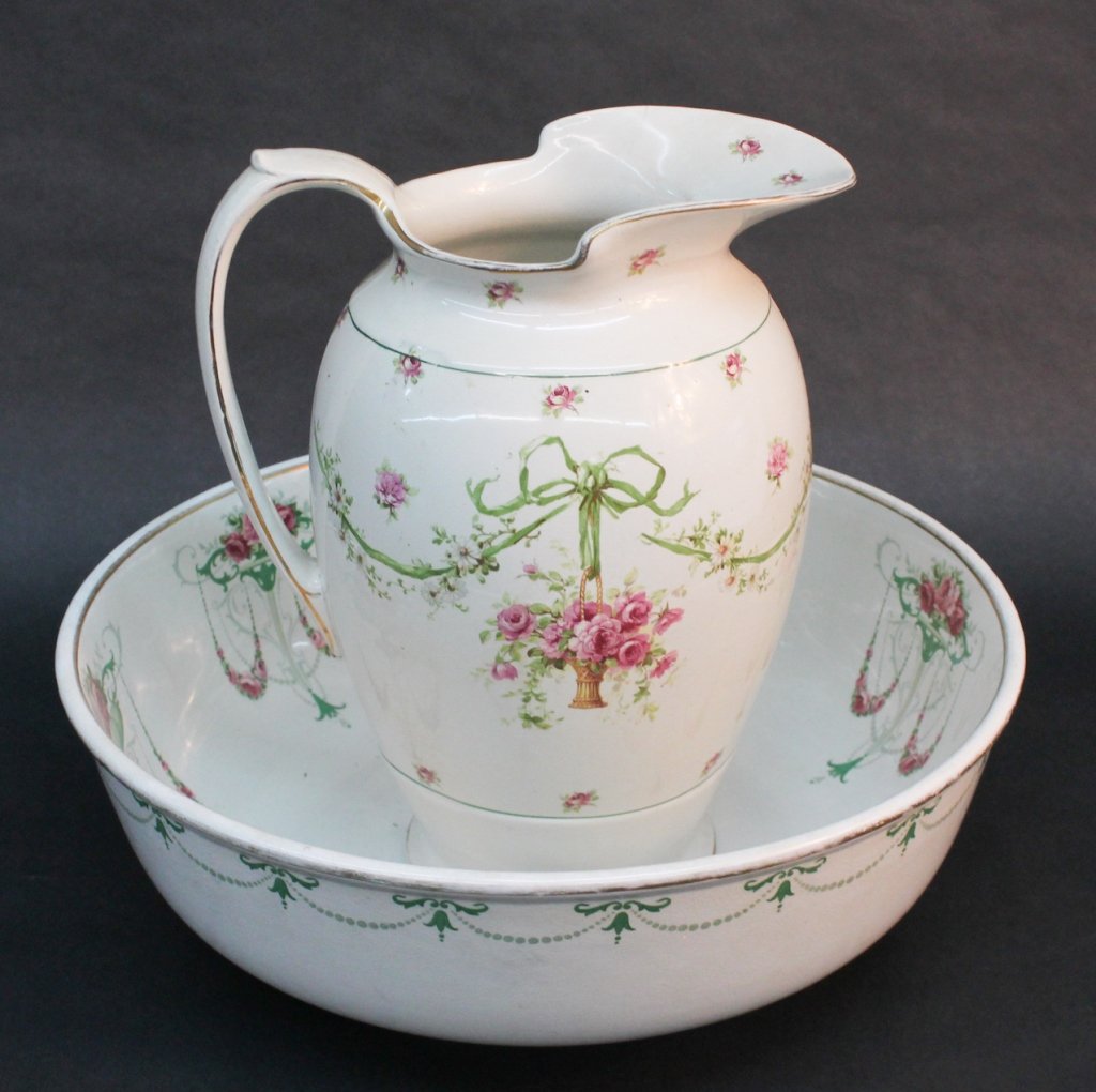 Victorian ironstone transfer wash basin & pitcher: British, 19th century. H13 1/4'' W15 1/2'' Private collection, Shelby, NC