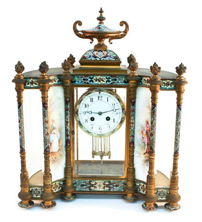 French gilt-bronze & champleve enamel mantle clock: 19th century. having fine inset hand-painted French porcelain panels. H18 3/4" W15 3/8" D7 7/8"