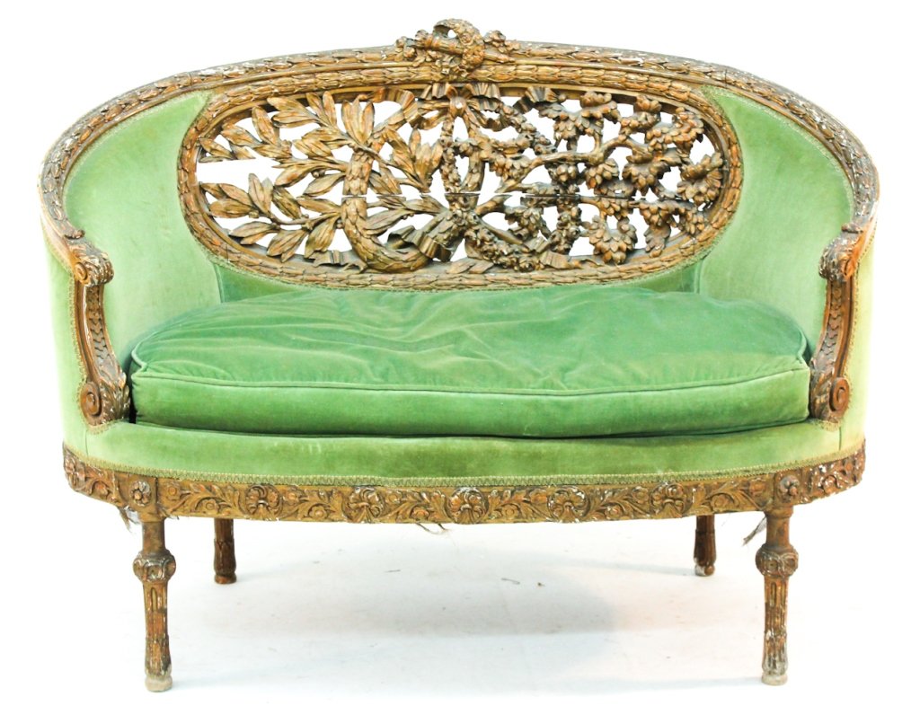 Fine Louis IV style carved and gilt settee: mid-19th century. H37 5/8" W50 3/4" D29"