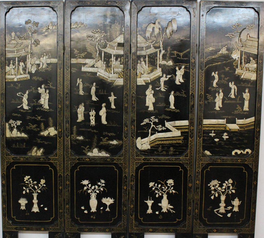 Chinese black lacquer & carved ivory floor screen: 19th century. H83 3/4" W72" California private collection.
