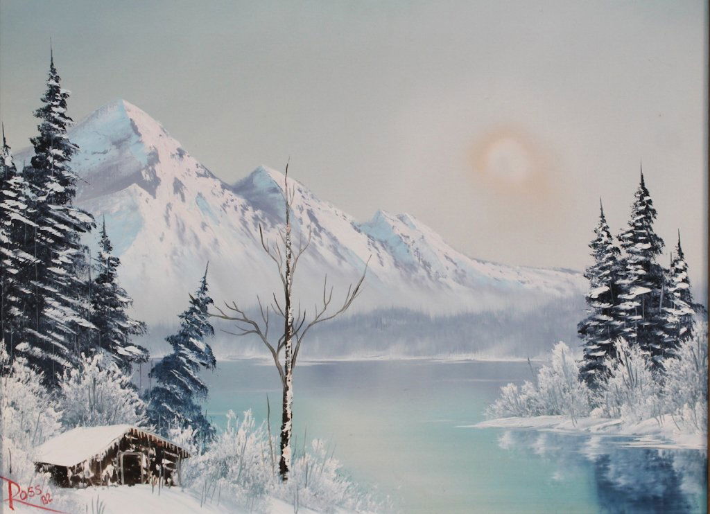 Bob Ross: (American, 1942-1995) oil on canvas, winter landscape. signed lower left. sight size: H17 3/8" W23 1/4" note: These works were purchased in the early 1980's directly from Mr. Ross by friend and fellow