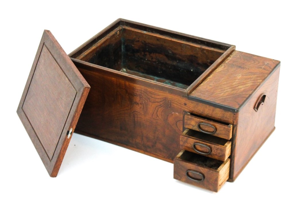 English Regency ebony-inlaid walnut campaign sink: circa 1830. H10 3/4'' W23 5/8'' D13 1/4'' Property of a private South Carolina institution being sold to preserve a historic home.