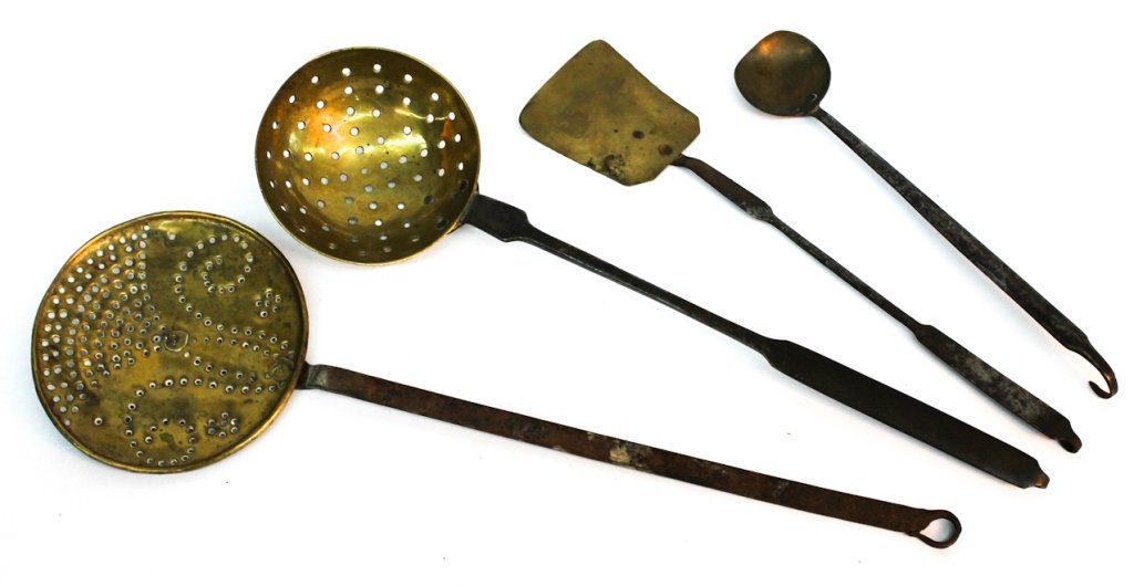 Group of wrought iron and brass kitchen tools: probably American, 18th and 19th century. largest: L19" W5 3/4"