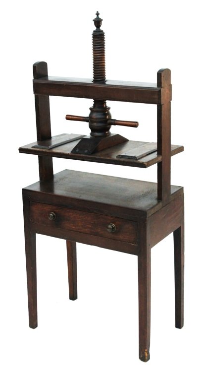 English Hepplewhite mixed-wood book press: circa 1810. H59" W25 3/4" D14 1/2"