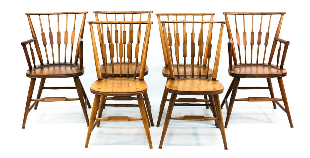American mixed-wood windsor dining chairs: 19th century. set of six. H32 1/2'' W19 1/4'' D16'' Private collection, Shelby, NC.