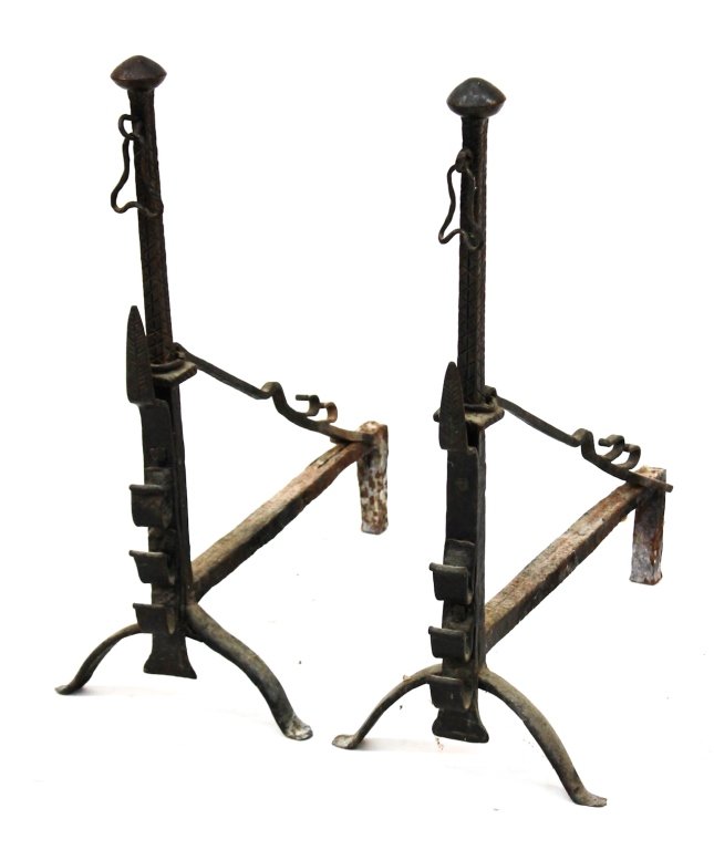 American Arts and Crafts hand-forged iron andirons: circa 1900. H28'' W12 1/4'' D23 1/2'' Private collection, Aiken, SC.