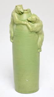 Van Briggle Art Pottery climbing bears vase: dated 1904, Colorado Springs, Colorado. rare matte green glaze pillar vase with two bears at top. H14 3/4’’