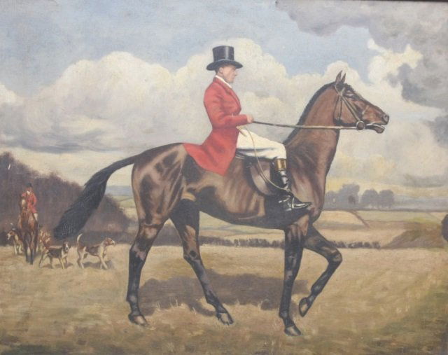 British School: late 19th/ early 20th century. oil on board, fox hunting portrait. H15 1/2" W19 1/2"