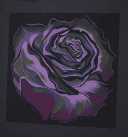 Lowell Nesbitt: (New York City, New York, 1933-1993). possibly titled “Purple Rose,” the 1982 silkscreen is printed on black paper and numbered 24/150. signed in pencil by Nesbitt, unframed. H30’’ 3/4’’ W