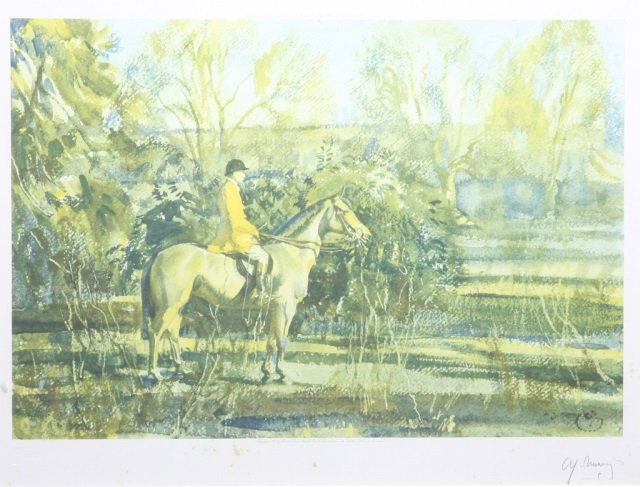 Sir Alfred Munnings: (English, 1878-1959) colored prints after paintings by Sir Alfred James Munnings “Belvoir Hounds Exercising in the Park”, published in 1956 by Frost and Reed Ltd. of London, and “Fox Hunter”,