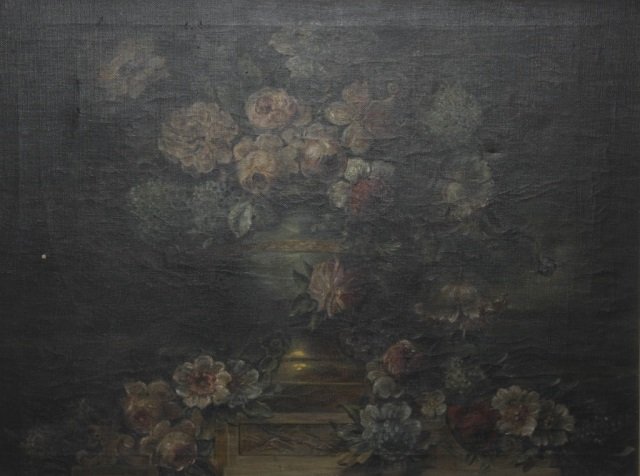 Continental School: late 19th century. oil on canvas, still life urn with flowers. framed. sight size: H36" W46"