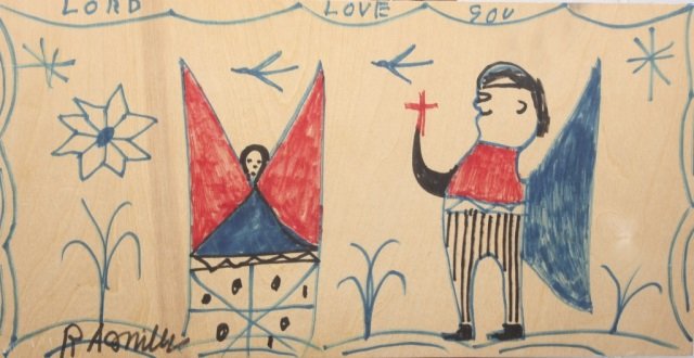 R. A. Miller: (Gainesville, Georgia, 1912-2006) Outsider Art. one painted figure on a wood plank, two paint and marker drawings on wood boards. all signed “RA Miller”. the two drawings read “Lord Love You”