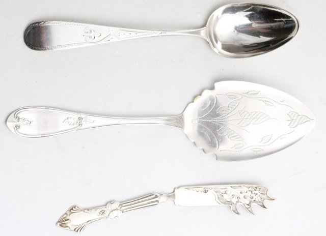 Coin silver cheese knife, Charles E. Butler: (Hudson Valley, NY, circa 1850) cheese knife marked "E. Butler" together with one serving spoon and one flat server marked "Star Mfg. Co.". server: L9 5/8" 4.57 oz. T.