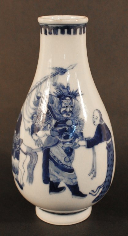 Fine Chinese Guangxu Porcelain Vase: in the Kangxi period style, bearing mark on base. highly detailed blue decoration on a white ground. H6 ½”