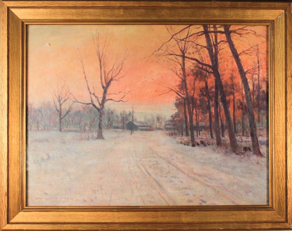 Alfred Jansson: (Sweden/ Chicago, Illinois, 1863-1931) oil on canvas, rural winter landscape at sunset. signed and dated 1903 in bottom left corner. framed. H20 ½” W27 ½”