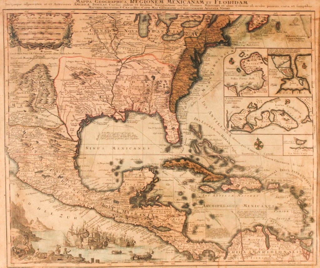 Matthaeus Seutter’s Mappa Geographica Regionem: Mexicanam et Floridam terrasque adjacentes ut et anteriores Americae Insulas; cursus itidem et reditus navigantium versus flumen Missisipi et alias colonias ob oculos ponens, cura et sumptibus. Augsbu