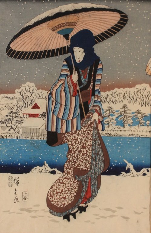 Japanese Ukiyo-e Color Woodblock Print: likely by Hiroshige I or Hiroshige II, 19th century. framed and matted. H14 ¾” W9 ¾”