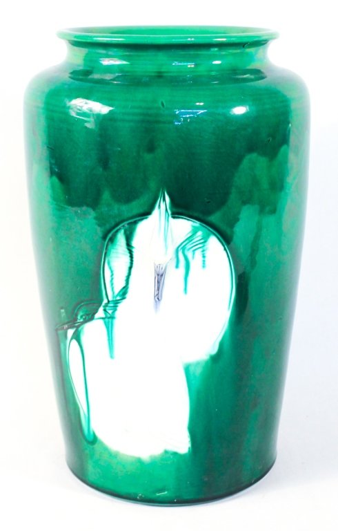 Japanese Earthenware Center Vase: 19th century. exhibiting luster green glaze and incised cranes. H14 1/4" W9 1/2"