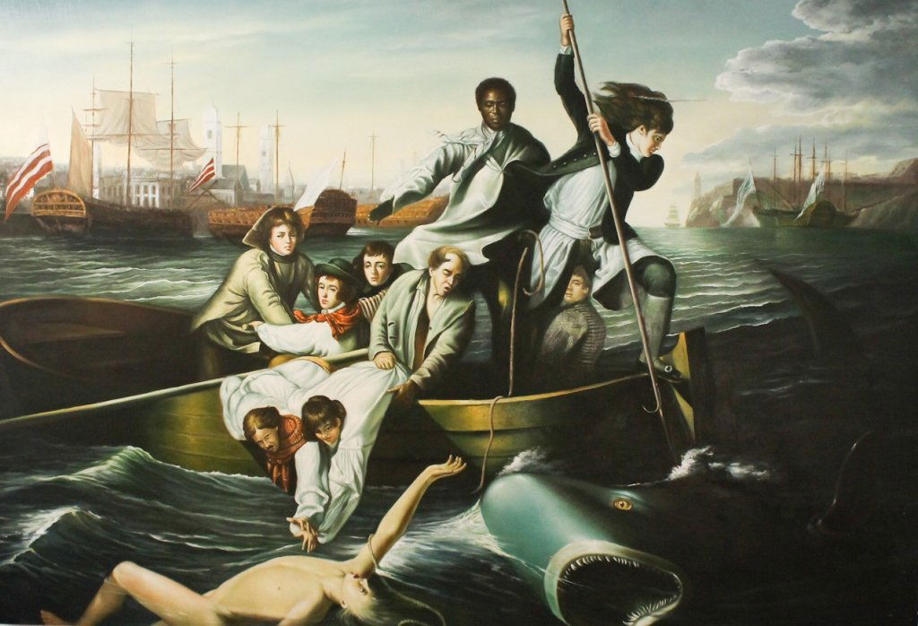 John Singleton Copley, After: large oil on canvas reproduction of Copley's "Watson and the Shark". on wooden stretcher. H49" W72"