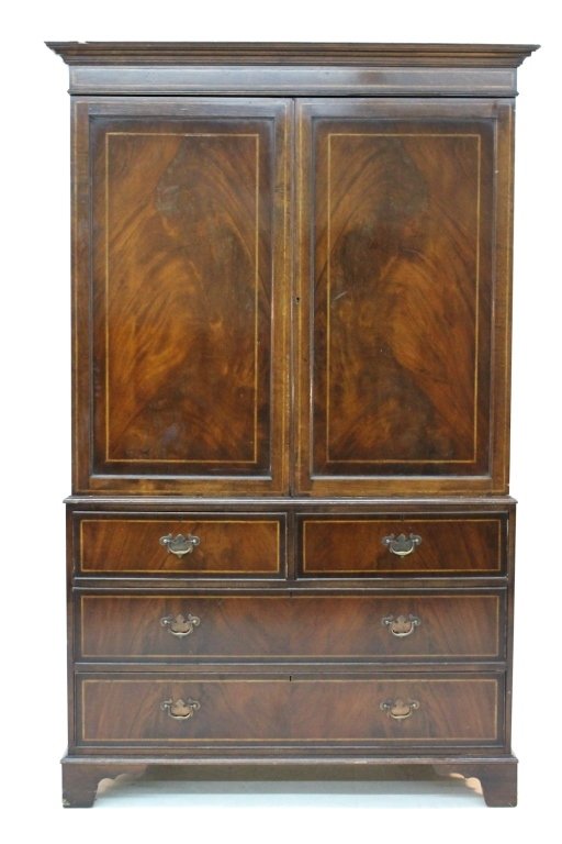 Federal Style Mahogany Bench-Made Linen Press: American, 20th century. H80" W48" D23 3/4"
