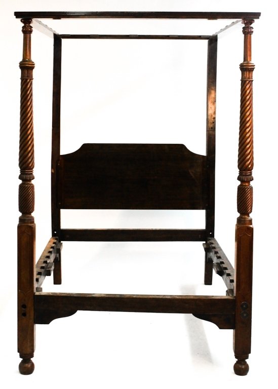Fine Regency Carved Mahogany Four Poster Bed: circa 1830. stamped "Latherton". H78 3/4" W58 1/2" D80 3/4""