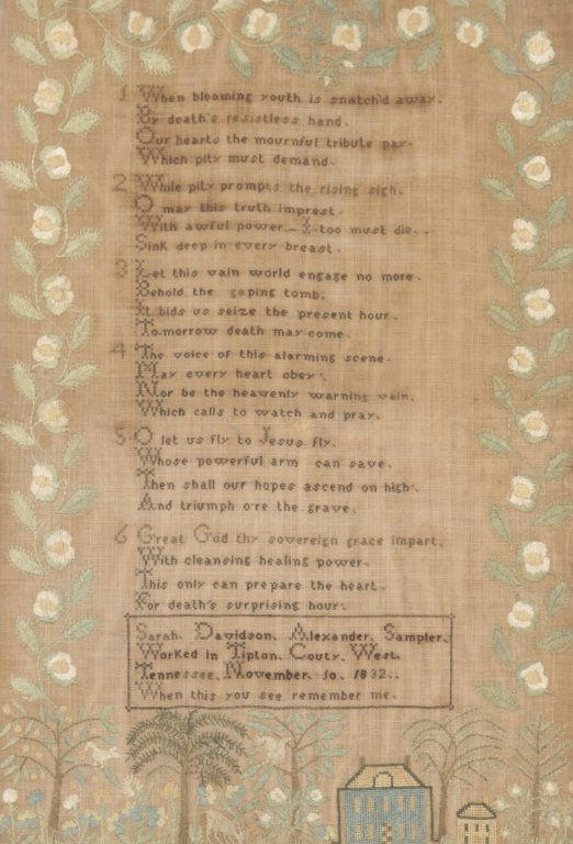 Fine Tennessee Needlework Sampler: signed Sarah Davidson Alexander, Tipton County, West Tennessee, dated November 10, 1832. homespun linen ground with wool and silk thread. floral border surrounds Alexander’s personal information and