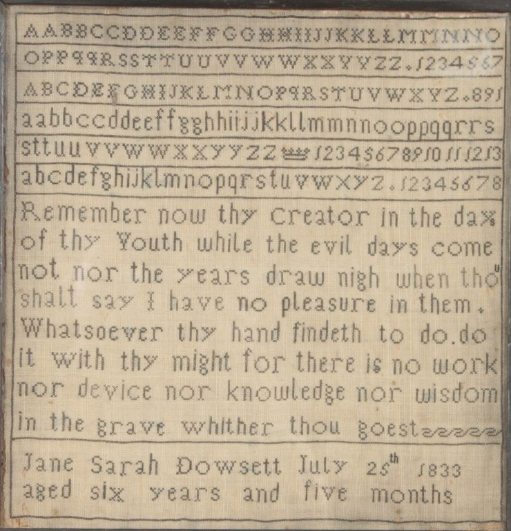 Two 1833 Needlework Samplers: likely American. both with black thread on a natural ground, alphabet at top over a central hymn and signature. one by Elizabeth Benton, the other worked by Jane Sarah Dowsett at six years and five mo