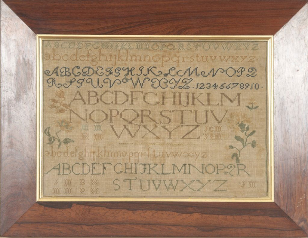 Two Finely Worked 19th Century Samplers: one signed “Achsah Sturgis” that features the alphabet, embroidered roses, a house, trees, and a floral vine border. displaying multiple types of stitches. together with a neatly cross and box-sti