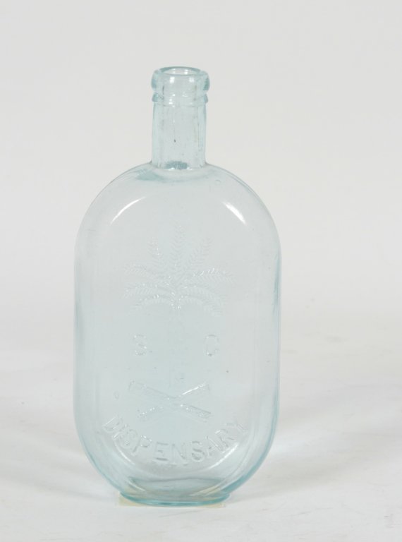 South Carolina Dispensary JoJo Flask Bottle: circa 1900. exhibiting unusual slag plate. H8 1/4" W4 1/8" D1 7/8" Private Greenville, South Carolina Collection.