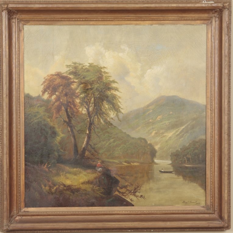 Hudson River School: oil on canvas, signed “Henry C. Fassitt” and dated 1873 in lower right corner. depicting a mountainous river landscape. framed: H29 ½” W29 ¾” From the Private Collection of Mr. Carl Butler, 