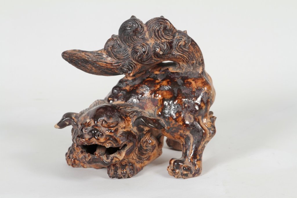 Chinese Yixing or Earthenware Pottery Foo Dog: Qing Period. with fine detail and form exhibiting mark at back leg. H8"