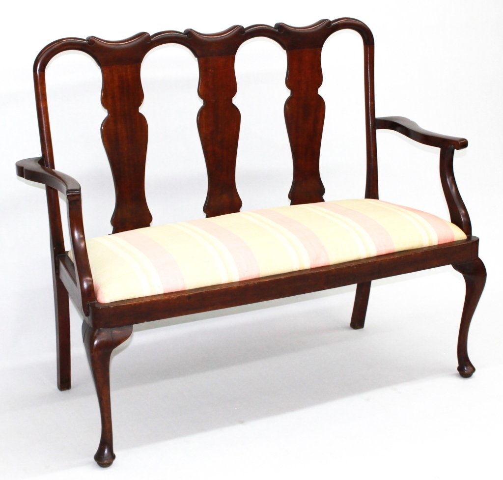 Queen Anne Style Mahogany Triple-Back Settee: 19th century. shaped crest above urn shaped splats on cabriole legs. H42 1/2" W49" D21 1/2" From the Private Collection of Mr. Carl Butler, Clayton, Georgia.