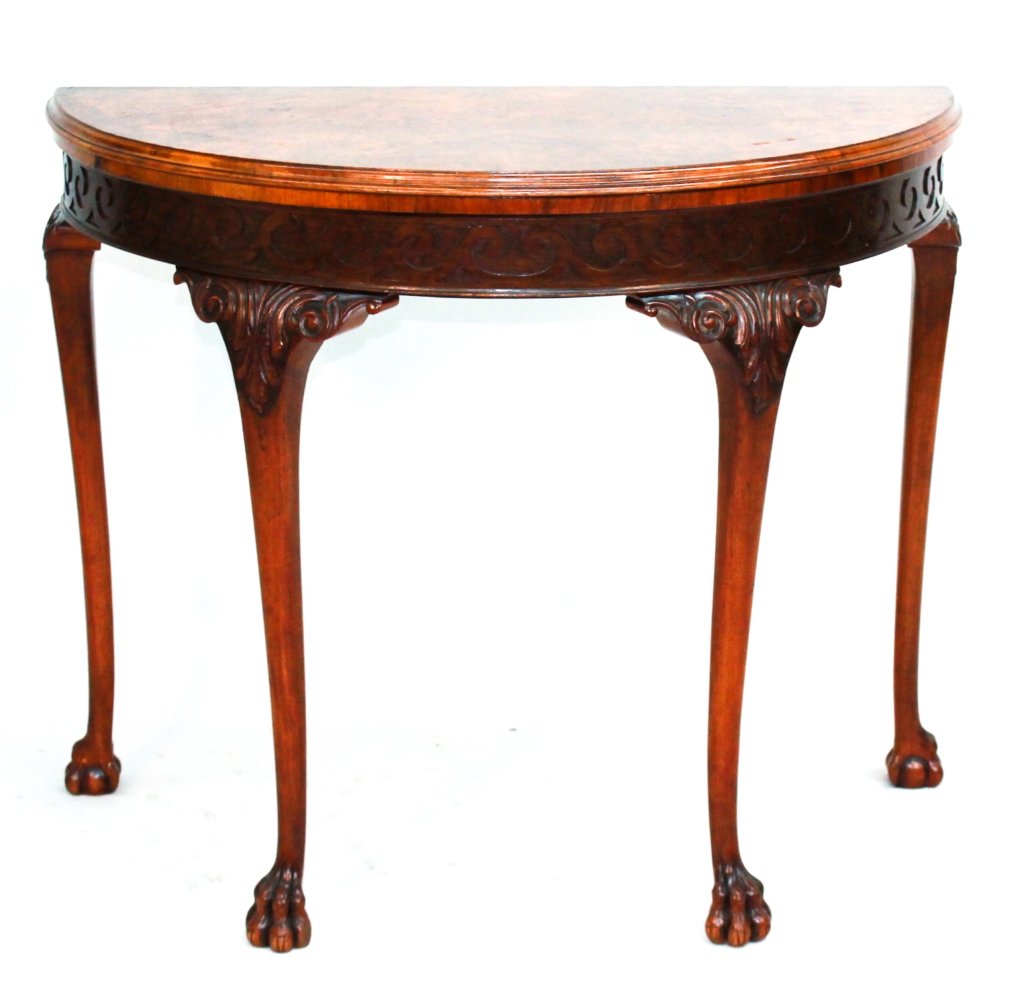 English Chippendale Style Walnut Games Table: 20th century. with fine veneers, playing surface and carved detail. H29 1/2" W36 1/4" D18" (open) 36" From a Private Southampton, New York Estate.