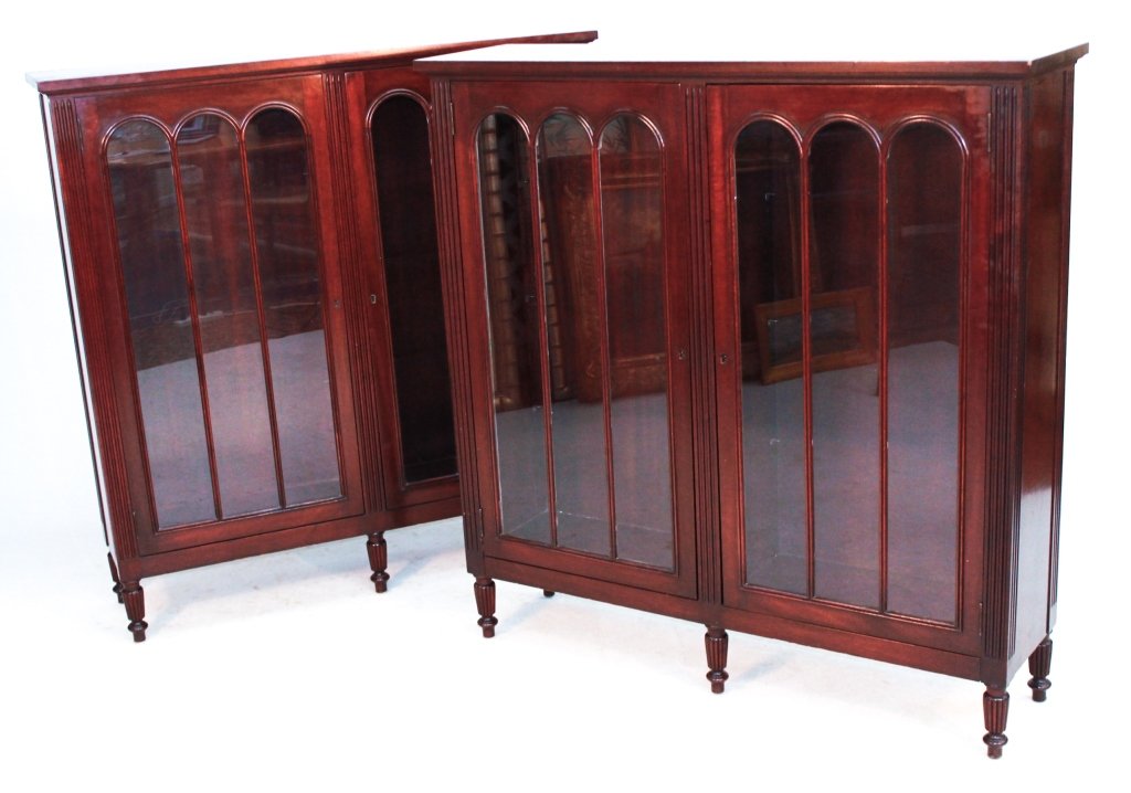 Pair English Sheraton Style Mahogany Bookcases: circa 1900. with six long glazed panels. H50 1/2" W48 1/4" D12" From a Private Southampton, New York Estate.