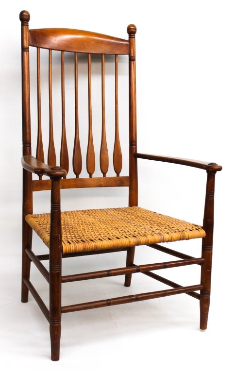 Shaker Style Maple Arm Chair: 19th century. arrow-back spindles, shaped arms above woven seat. H41" SH14" W25" D19" From the Private Collection of Mr. Carl Butler, Clayton, Georgia.