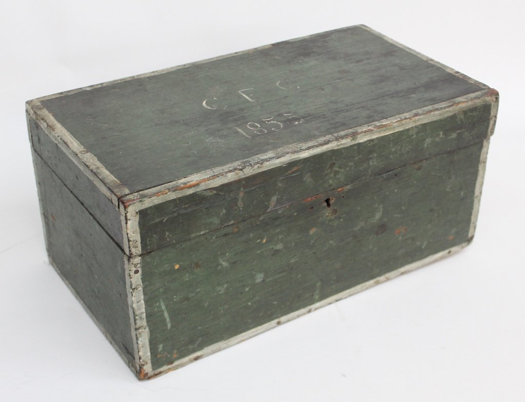 Painted Wood Box: American, circa 1855. hinged lid with blue paint, top with painted initials "CFC 1855". H8 1/2" W18 5/8" D10 1/4" From the Private Collection of Mr. Carl Butler, Clayton, Georgia.