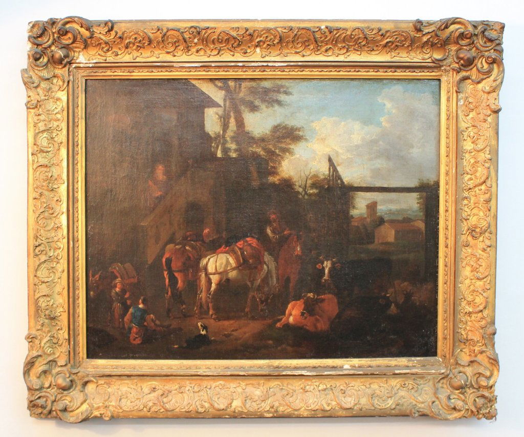 European Old Master: 17th century. oil on canvas depicting a rural village scene. in large, carved and gilded frame. H22 ½” W28 ¼” Note: Painting acquired from Colonel and Mrs. Richard M. Ludlow of Saint Simons Isla